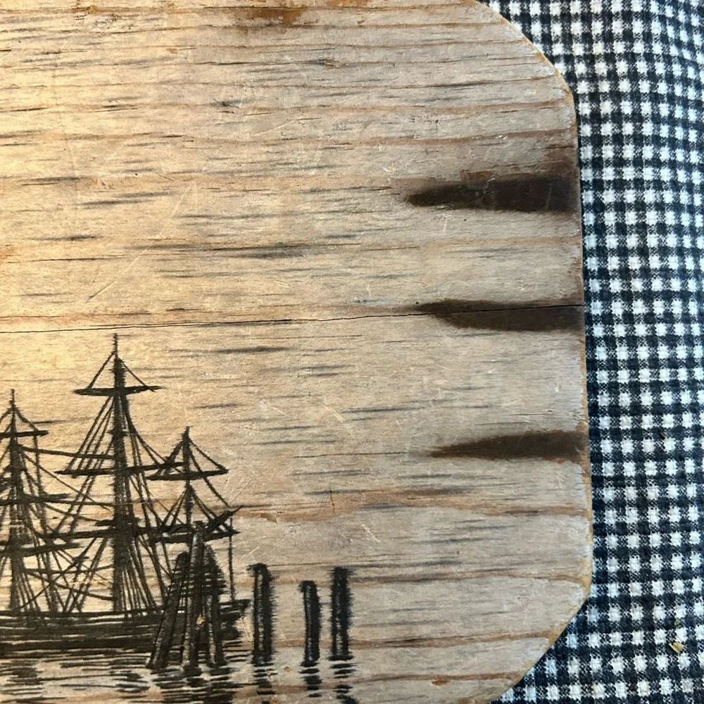 Wooden Plaque with Ship Ink Illustration